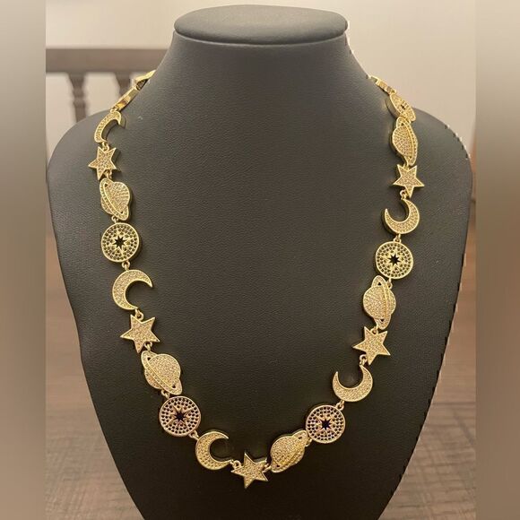 Melania Clara Gold Tone Planet Moon Star Necklace - Picture 1 of 4
